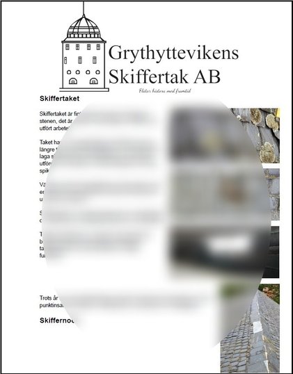 En broschyr från Grythyttevikens Skiffertak AB med text och bilder om takmaterial och montering.