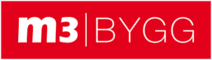 Logotyp med röd bakgrund, med "m3" i vit liten text, en vertikal linje och "BYGG" i vit text med versaler.