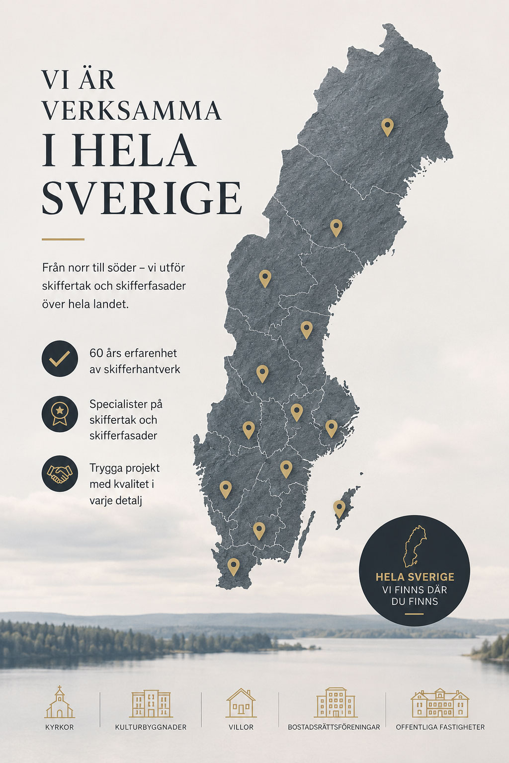 Karta över Sverige som visar att Grythyttevikens Skiffertak är verksamma i hela landet. Flera markörer är utplacerade från norr till söder för att illustrera rikstäckande verksamhet inom skiffertak och skifferfasader. Bilden innehåller även information om 60 års erfarenhet, specialistkompetens och projekt för kyrkor, kulturbyggnader, villor och offentliga fastigheter.